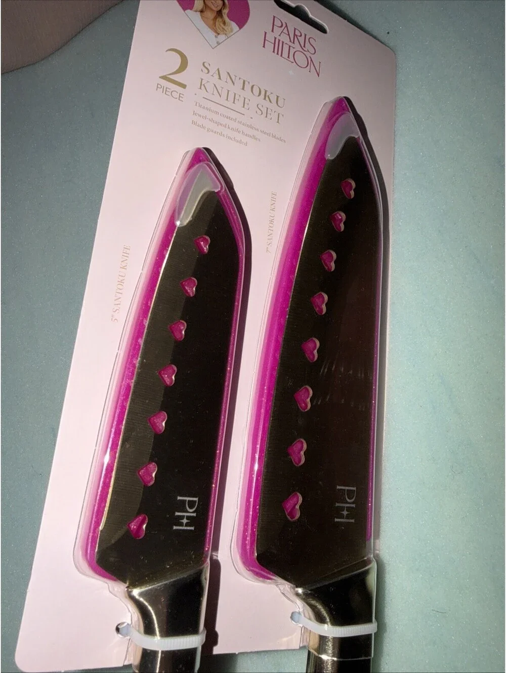 Paris Hilton Stainless Steel Knife Set- Jewel Handles & Gold Blades Heart Cutout